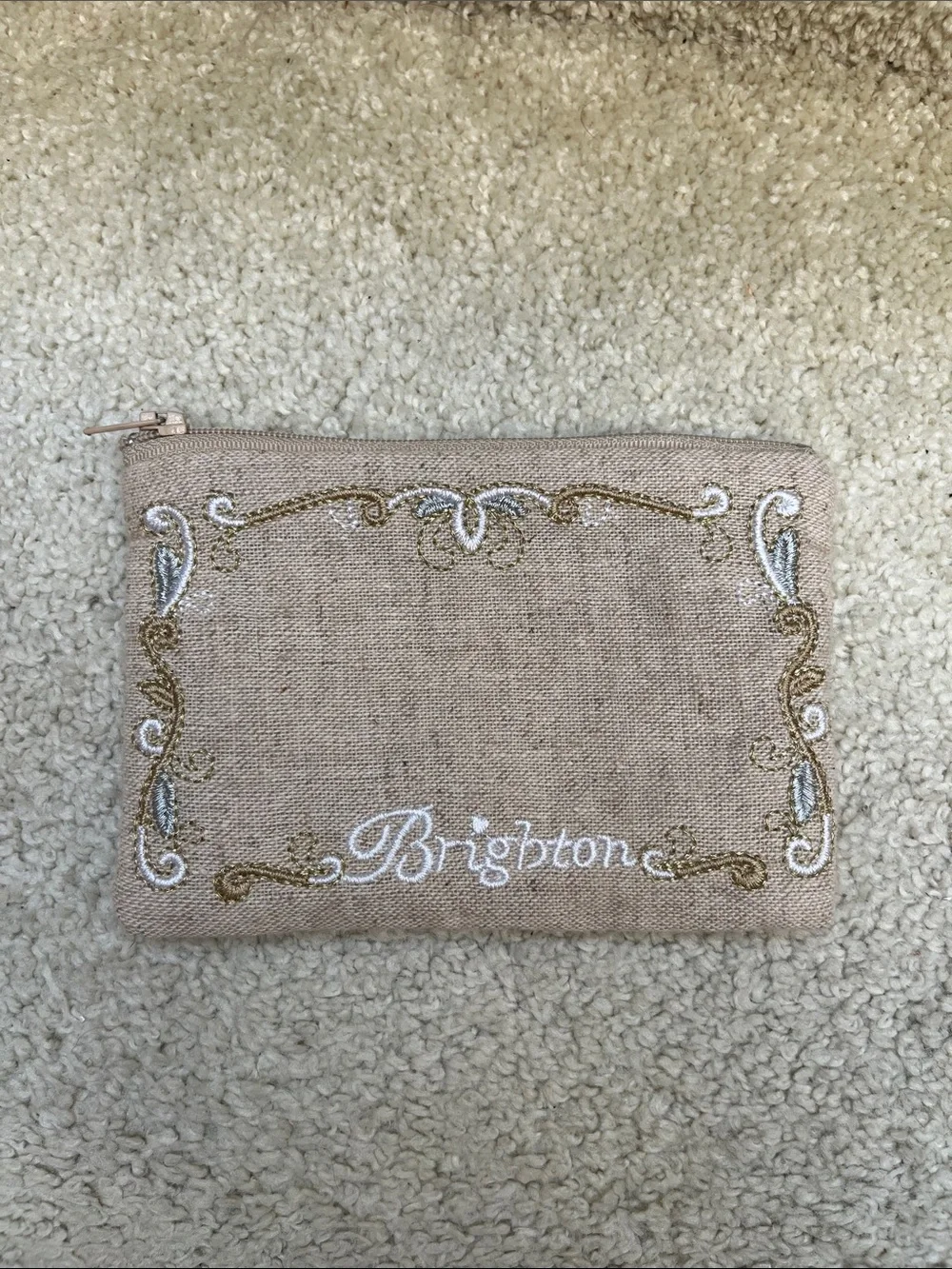 Brighton Linen Cosmetic Pouch in Beige with Gold & White Embroidery
